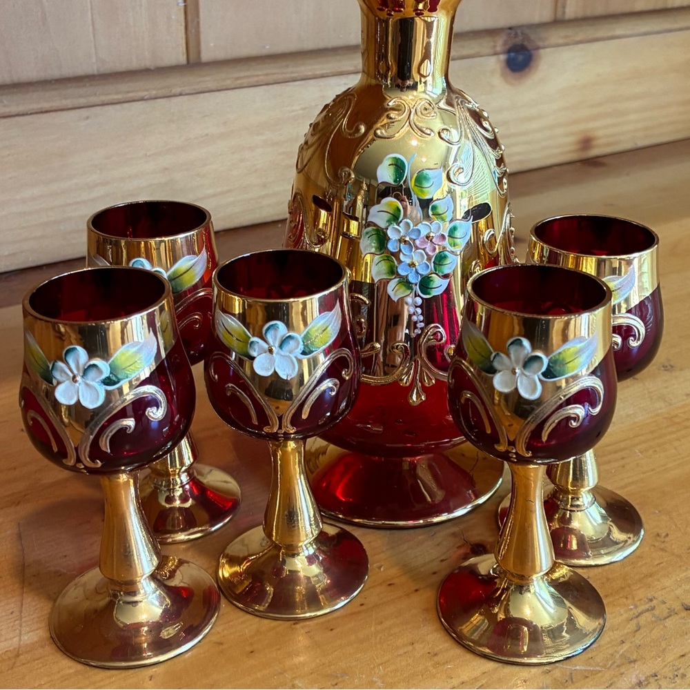 Vintage Ruby Red Murano Handblown Glass Decanter Set 24 Karat Gold - Picture 2 of 10